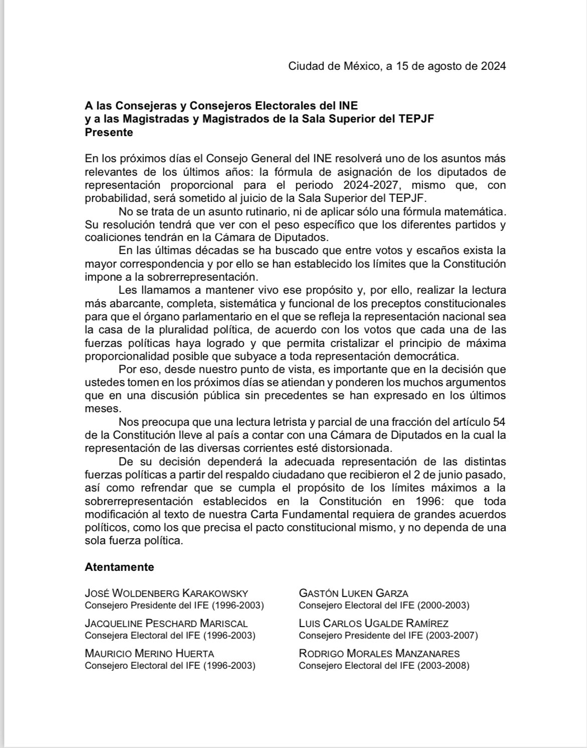 Carta enviada a Consejeros Electorales del INE. 15 de agosto 2024.